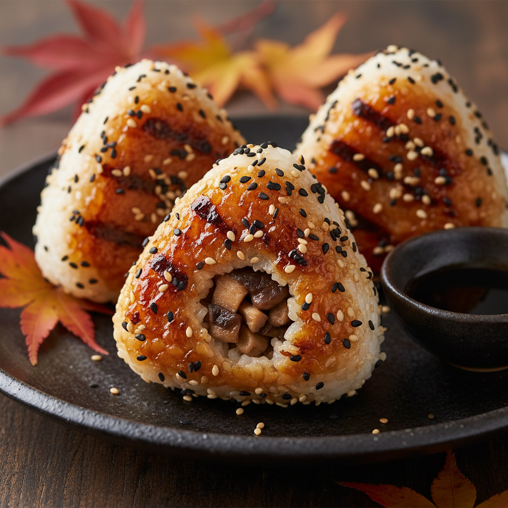 Japoniški ryžių rutuliukai „yaki onigiri“ su grybų įdaru
