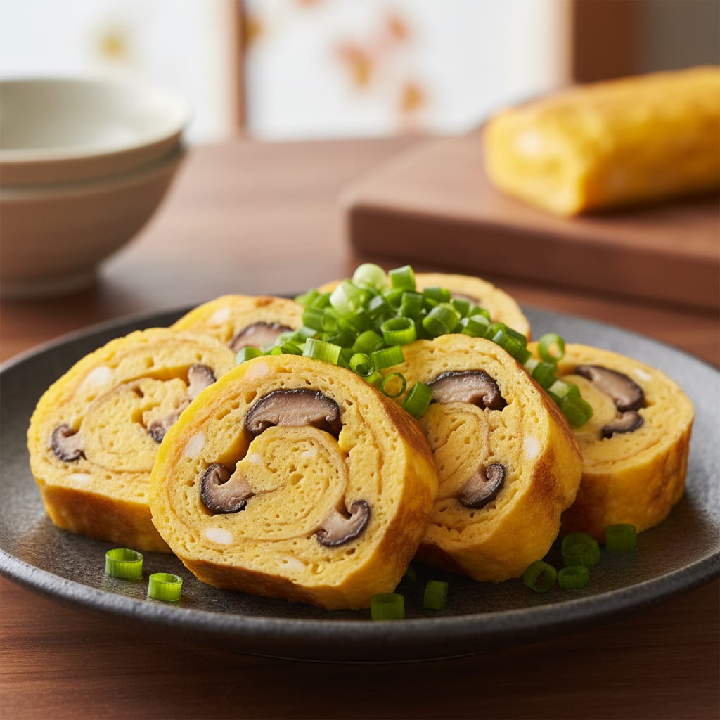 Purus japoniškas omletas „tamagoyaki“ su rudens grybais