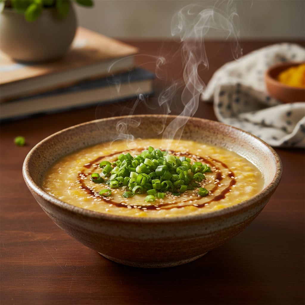 Rudeniška moliūgų ir imbiero ryžių košė (congee)