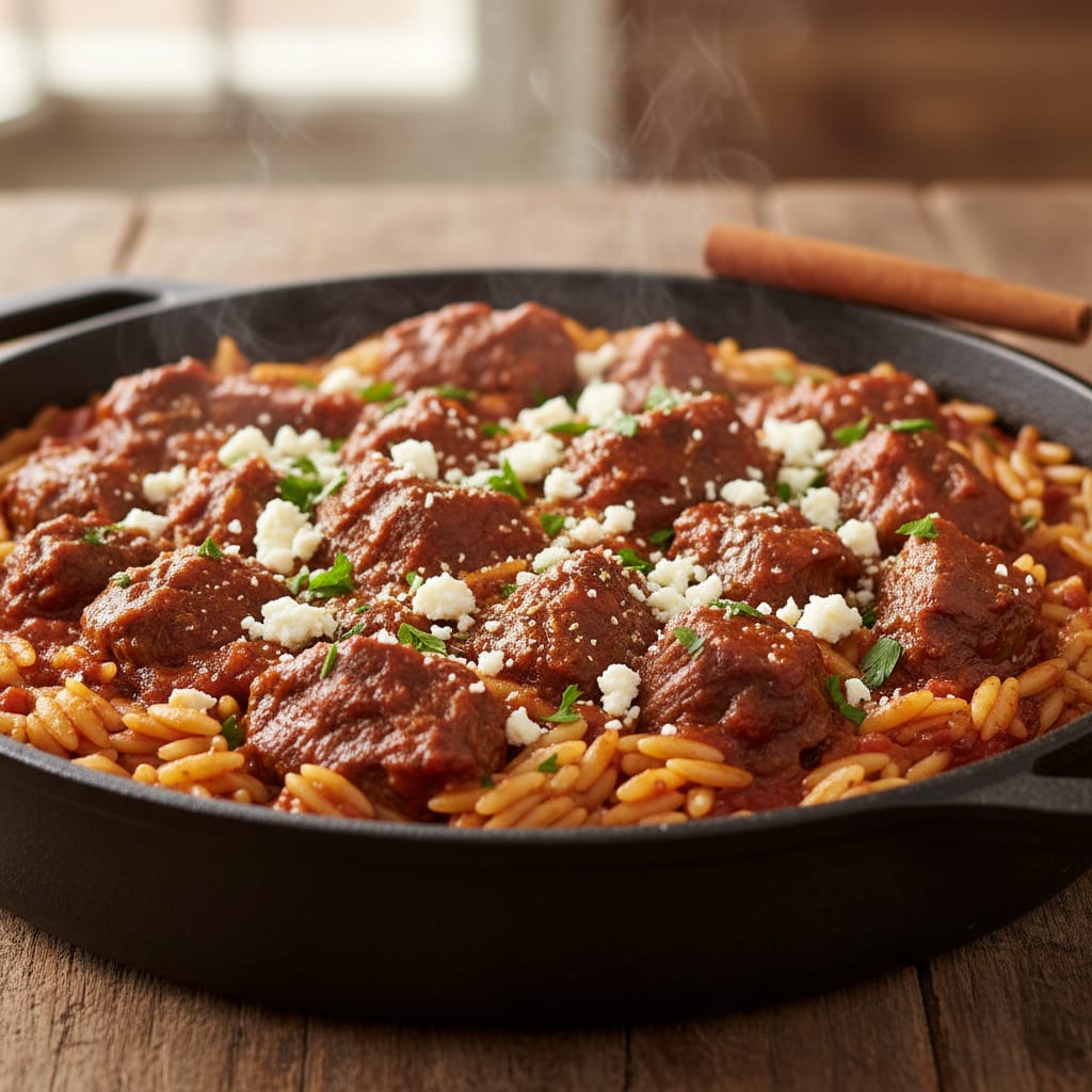 Jaukus jautienos juvetsi su orzo makaronais